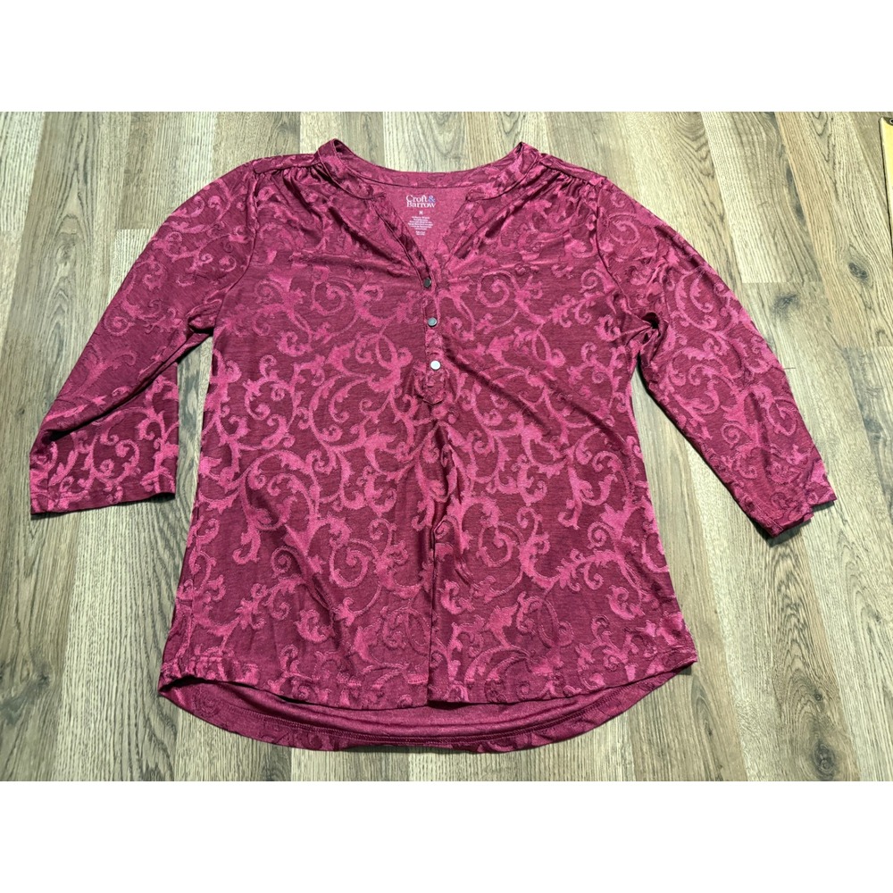 Croft & Barrow Shirts Womens Size Medium Burgundy Top Scroll Print 3/4 Sleeve